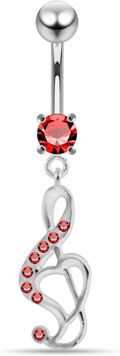Multi Crystal Gemstone Fancy Heart Music Note Dangling Design 925 Sterling Silver with Stainless Steel Belly Ring - Belly Button jewelry - Navel jewelry