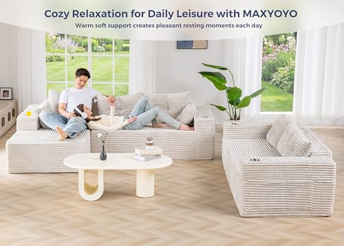 Image of MAXYOYO Modular Sectional Couch with L-Shape Chaise and Loveseat, Modern Boneless Couch for Living Room, Oversized Sofa with Deep Seat, No Assembly Required, Grayish Beige