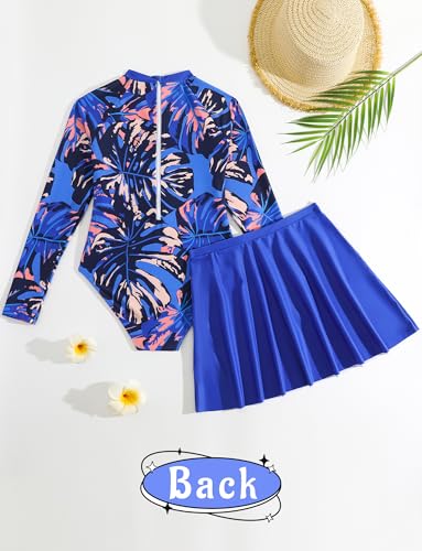 Image of SEAUR Teen Girls Rash Guard Set Two Pieces Printed Zipper Swimsuit Skirt with Skirt Long Sleeve Zipper Swimsuit Surfing Suits Beach Swimwear Dark Blue 12 Years