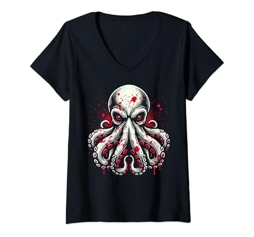 Mujer Octopus Halloween Decor Creepy Scary Tentacles Bloody Killer Camiseta Cuello V