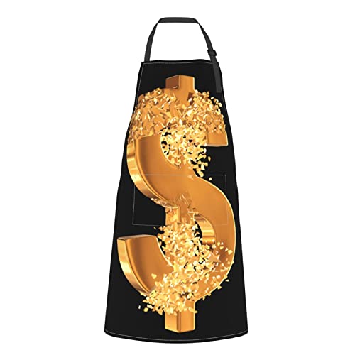 LINGF Delantal con signo de dólar dorado, delantales de cocina para cocinar, delantal de cocina con babero impermeable con 2 bolsillos, lazos largos