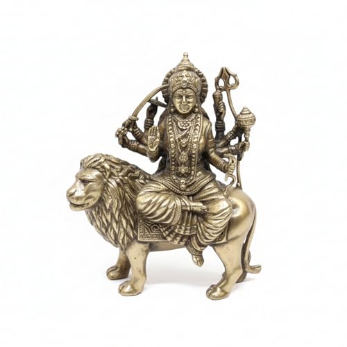 Image of eCraftIndia Golden Brass Goddess Durga Maa Idol Sitting On Lion Statue | Durga MATA Murti for Pooja Mandir Home Temple