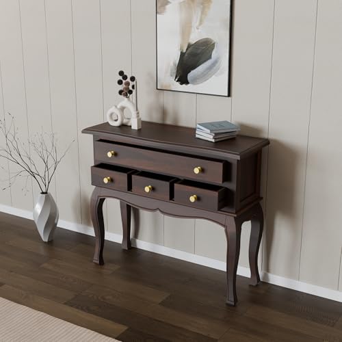Image of WOODY Furniture Solid Wood Console Table for Living Room | Wooden Side Entrance Table for Home with 4 Drawers & Shelf Storage | Console Table for Bedroom (Walnut Finish)