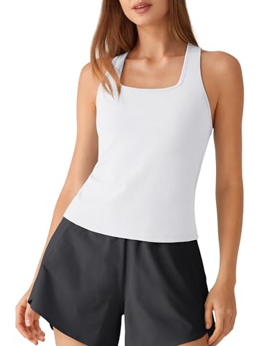 Image of G4Free Ribbed Removable Built in Bra Workout Tank Tops Woman Racerback Square Neck Yoga Top Lightweight Athletic Tanks