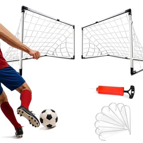 BAKAJI Set 2 Porte Calcio 92 x 64 cm con Pallone, Gonfiatore e Morsetti Resistenti per Fissaggio, Porta da Football...