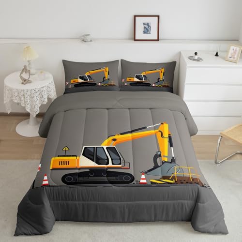 Image of Feelyou Excavator Comforter Set Boys Cute Vehicles Truck Car Print Bedding Set Kids Cartoon Machinery Cars Comforter for Children Teens Room Decor Construction Site Duvet Set Twin Size