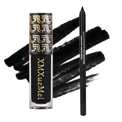 Xmxuemei Black Matte Liquid Lipstick And Lip Liner Set,Smudge-Proof Lasting Velvet Black Lip Gloss Stain Lipstick For Goth Halloween Cosplay Makeup,Waterproof Black Lip Liner Pencil And Lipstick Set For Women cover