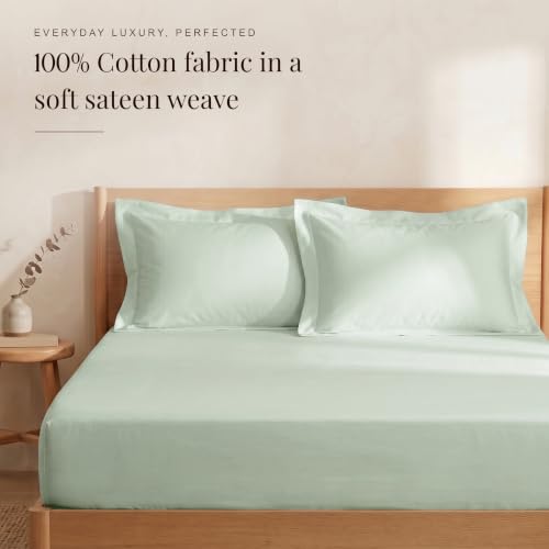 Image of Huesland 300 TC Premium 100% Pure Cotton Luxe Soft Touch Fitted Single Size Bedsheet Cotton with 2 Pillow Covers | Misty Jade | 36 x 78 Inches