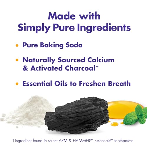 ARM & HAMMER Essentials Fluoride-Free Toothpaste, Whitening + Activated Charcoal Toothpaste, 4 Pack of 4.3oz Tubes, Clean Mint, 100% Natural Baking Soda