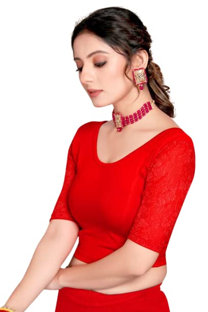 Cotton Lycra Stretchable Comfy Round Neck Net Elbow Length Sleeves Saree Blouse Readymade Crop Top Choli for Girls & Women's-picture-32