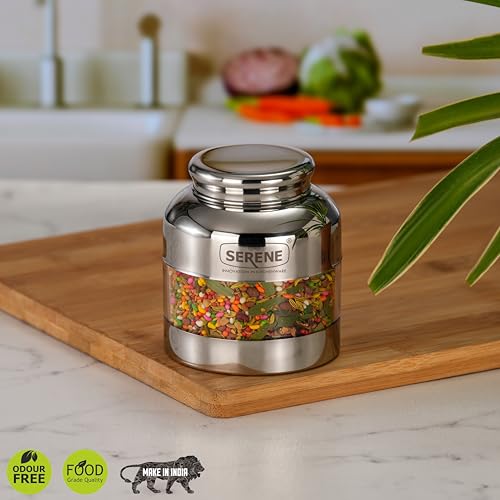 Image of Serene Stainless Steel Exotic See-Through Jar | Airtight Jars for Kitchen Storage | Premium Steel Jars with One Turn Lock Lid | Transparent Stainless Steel Containers | 400ML | 1 PC