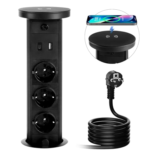 Presa a Scomparsa a 3 Scomparti, Presa da Tavolo a Scomparsa, Colore Nero, Con Caricatore Senza Fili, Presa da Incasso Per Piano Di Lavoro Per Ufficio, Cucina Con 1 Tipo A + 1 Porta USB Di Tipo C
