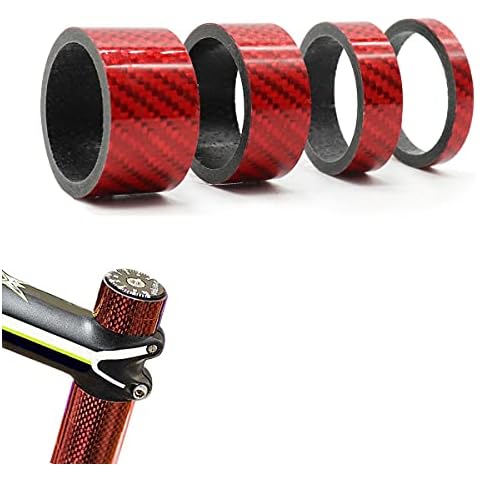 CCUCKY 4 PCS Carbon Fiber Bicycle Spacers, Full Carbon Bike Headset Spacer for 1 1/8" Mountain Bikes Road Bikes 4 Sizes 5/10/15/20mm (Red) Cover