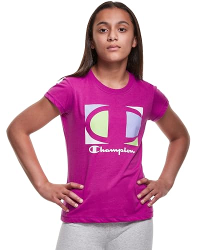 Champion Big Girls' Classic Graphic Tee, Colorblock Logo (Multiple Colors Availiable)