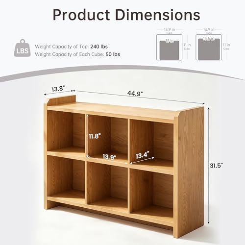 Image of 6 Cube Low Storage Organizer, 45 inch Long Horizontal Bookshelf, Natural