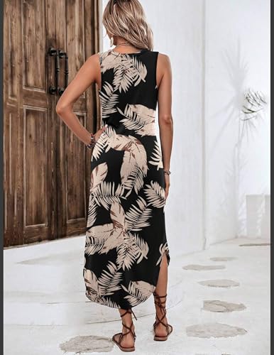 Zeagoo Women Floral Summer Casual Beach Printed Tank Dress with Pockets Pleated Front Long Dress2