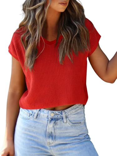 Image of LCXWFE Womens Summer Cropped Sweater Vest Trendy Cap Sleeve Crop Tops Crew Neck Loose Knit Tank Top
