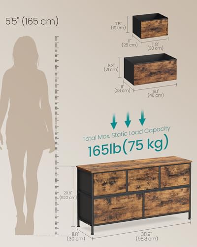 Image of SONGMICS BELLAH Collection - Dresser for Bedroom, Chest of Drawers, Storage Organizer Unit, Closet, Entryway, Steel, 5 Drawers, Industrial, Rustic Brown and Ink Black ULGS322B02S