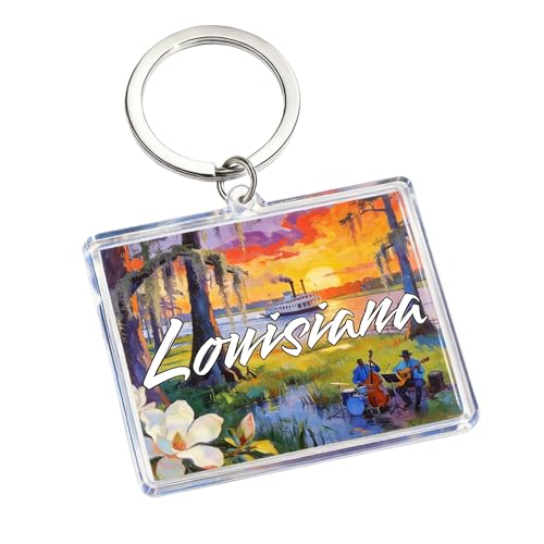 Spot M Louisiana Souvenir Acrylic Keychain, Colorful Bayou Sunset Scene with Magnolia and Steamboat, 1.97 x 1.57 in