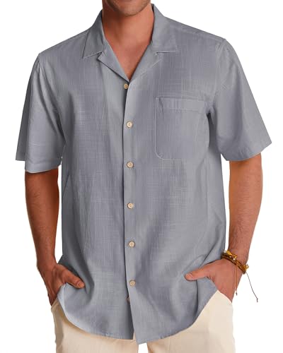 Image of Alimens & Gentle Mens Linen Shirts Cotton Hawaiian Shirts Short Sleeve Button Down Shirts Casual Summer Beach Tops