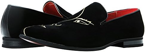 Santimon Mens Velvet Loafers, Black and Gold Dress Shoes for Men with Embroidery Suede Leather, Red Bottom Smoking Slippers Tuxedo Shoes for Homecoming Prom Wedding and Driving Face 9.5 US | Image 6