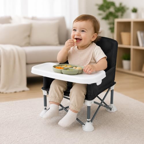 Image of Portable Foldable Baby Dining Chair with Removable Tray & Safety Belt | Travel-Friendly Baby Feeding Chair with Storage Bag | Lightweight Toddler High Chair | Black