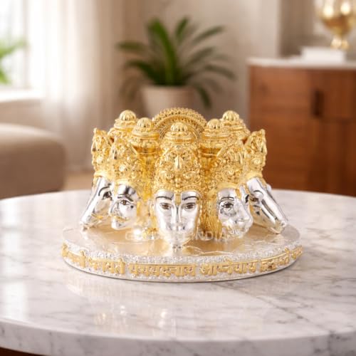 Image of Gold Art India Panchmukhi Hanuman Idol Two Tone Gold Silver Finish Bust Design Decorative Murti for Home Temple, Car Dashboard, Office & Vastu Decor