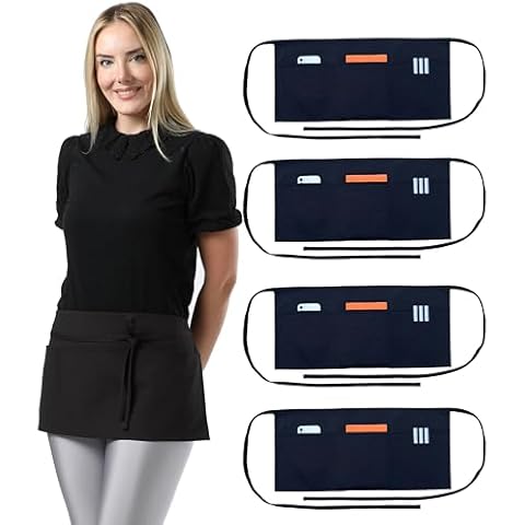 TOSHEX Waist Apron with 3 Pockets Waterdrop Resistant [4 Pack] Premium Cotton Waitress Apron Black Server Apron (4, Black) Cover