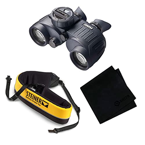 Image of STEINER Commander 7x50c Marine Black Binoculars with Compass (2305), Yellow Floating Strap with ClicLoc Tabs (769) and Black Microfiber Cleaning Cloth