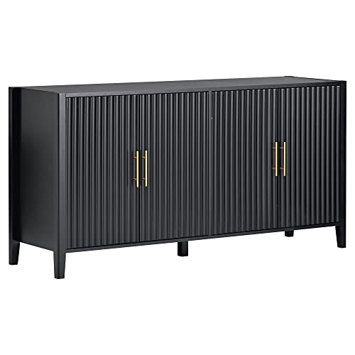 Image of 63" Fluted Sideboard Buffet Cabinet with Storage,Doors& Gold Handles, Wood Modern Sideboard Accent Cabinet, Black Sideboard Storage Cabinet Console Table Cabinet for Living Room,Hallway,Entryway
