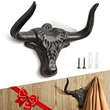 HYDERMUS Cast Iron Hooks Wall Mount 2 Pack Outdoor Western Decorative Wall Hooks Heavy Duty Towel Hooks for Bathroom Entryway Closet Cow Bull Animal Hooks Wall Decor, Antique Rust
