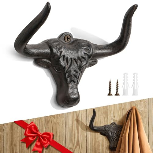 HYDERMUS Kleiderhaken Wandhalterung, Gusseisen, Kleiderhaken, Western-Longhorn, strapazierfähig, Vintage, dekorativer Wandhaken zum Aufhängen von Mänteln, Hut, Handtuch, Schlüssel, Tasse, Bademantel,