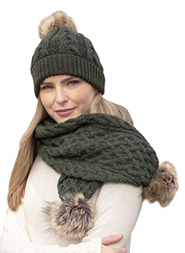 Aran Crafts Irish Cable Knit Wool Faux Fur Pom Pom Scarf 10