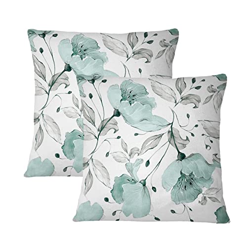 Elegant Floral Throw Pillow Covers 18" X 18" Watercolor Peony Decorative Cushion Cover Paisley Flower Modern Square Cushion Shells Shams For Sofa, Bedroom, Living Room, Car, Set Of 2, Grey Teal #TOP8