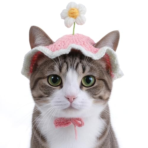 Sorcristy Cat Hat Cute Pink Flower Costume Hat for Cats Cat Part Hats with Ear Holes and Adjustable tie Soft Washable Outfits Hats for Parties Birthday