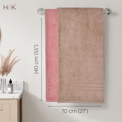 haus & kinder 100% Cotton Bath Towel Set of 2 with Low Twist, 340 GSM Ultra Absorbent, Quick Dry, Super Soft Large Size Towels for Men and Women - 140 X 70 cm, Roe Buck & Dusty Rose
