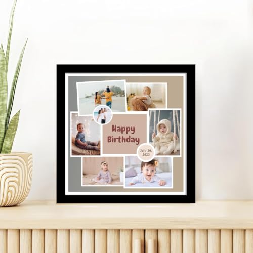 Image of Personalized Baby Happy Birthday Wall Photo Print Collage with 7 Photo Upload Customized Photo Frame Gift For Baby, Kids, Sister and Parents (Frame Size 11x11 inch)