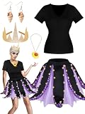Ramede 5 Pcs Women Octopus Costume Halloween Witch Costume Purple Cosplay Tentacle Skirt Gold Necklace Earring(String Style,X-Large)