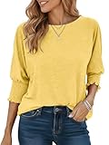 CUPTACC T-SHIRT DAMEN FASHION DEHNBAR SMOCKED STULPE LANGARMSHIRT FLIESSEND BEILÄUFIG RUNDHALS BLUSE EINFARBIG MOISTURE WICKING OBERTEILE GELB L