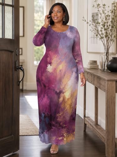 Image of PinkPatty Plus Size Maxi Dress for Curvy Women Crew Neck Long Sleeves Casual Dress Vacation Sundresses with Pockets