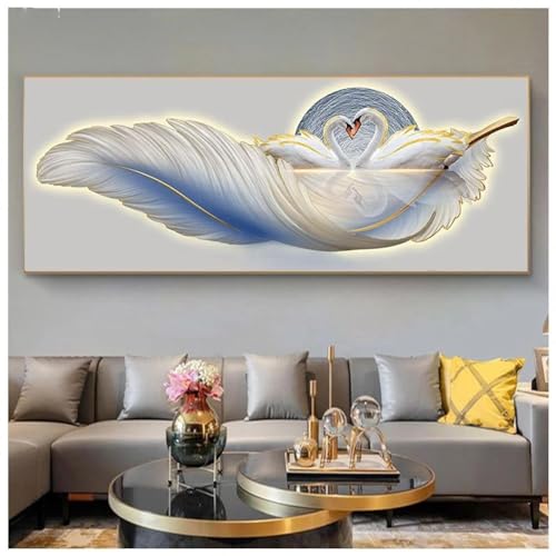 Peinture sur toile de luxe pour décoration murale chambre motif plume et cygne 50x100cm