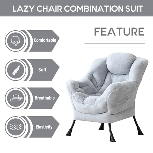Image of LITA Lazy Chair with Armrests and Side Pocket, Modern Upholstered Accent Reading Chair for Living Room, Bedroom, Dorm, Small Spaces, Single Plush Grey