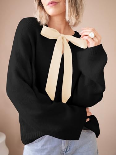 Saodimallsu Womens Bow Tie Sweater Crew Neck Long Sleeve Cute Fall Loose Cozy Knit Pullover Sweaters2