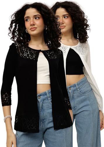 Image of ESPRESSO Women 95% Viscose 5% Spandex 3 /4th Sleeve Designer Lace Front Open Shrug