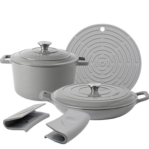 Argon Tableware 2.3L & 4.5L Shallow Cast Iron Casserole Dish Set with Self-Basting Lids - Slate Grey - Induction Hob Cooking Dutch Oven Bread Baking Serving Roasting Stew Stock Pot Cookware Pan