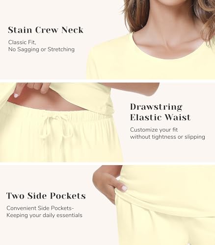Image of NACHILA Pajamas for Women-Viscose Made from Bamboo,Satin Crew Neck Pajama Sets Short Sleeve Pjs with Capri Pants