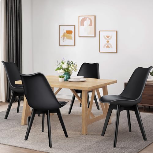 ALFORDSON Dining Chair Set of 4 PU Leather Upholstery with Wood Legs, 4X Kitchen Cafe Chairs with Ergonomic Backrest and Floor Protectors, 150kg Capacity, All Black