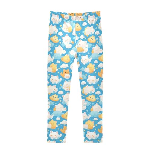 KLL Cats with Cute Clouds Pattern with Blue Sky Girls Basic Leggings Soft High Waisted Lounge Pants Running