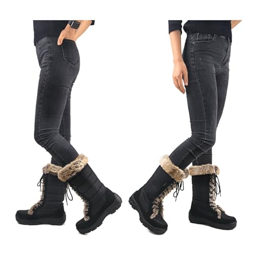Image of AUSLAND Women's Black Winter Snow Boots Twin Peaks Fur Cuff Mid-Calf Waterproof Lace Up Boots