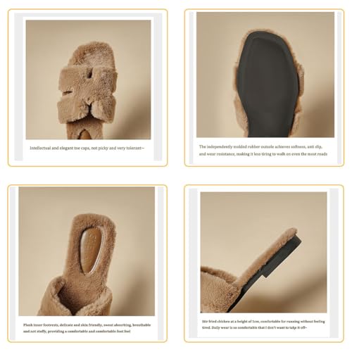 Women's Plush Slippers,Square H-shaped flat Bottom Warm fur Slippers for Women's Outdoor Wear in autumn and Winter,Open Toe Casual and Fashionable Plush Shoes2